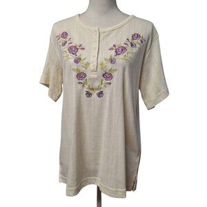 Sarah Morgan Shirt Embroidered Floral Off White Quarter Button Womens Large